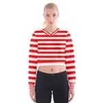 Horizontal Stripes - White and Red Women s Cropped Sweatshirt