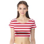 Horizontal Stripes - White and Alizarin Red Short Sleeve Crop Top (Tight Fit)