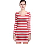 Horizontal Stripes - White and Alizarin Red Long Sleeve Bodycon Dress