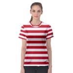 Horizontal Stripes - White and Fire Engine Red Women s Sport Mesh Tee