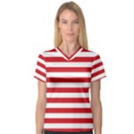 Horizontal Stripes - White and Fire Engine Red Women s V-Neck Sport Mesh Tee