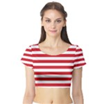 Horizontal Stripes - White and Fire Engine Red Short Sleeve Crop Top (Tight Fit)