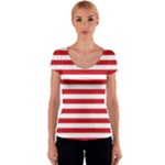 Horizontal Stripes - White and Fire Engine Red Women s V-Neck Cap Sleeve Top