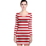 Horizontal Stripes - White and Fire Engine Red Long Sleeve Bodycon Dress