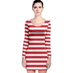 Horizontal Stripes - White and Fire Engine Red Long Sleeve Velvet Bodycon Dress