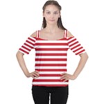 Horizontal Stripes - White and Fire Engine Red Women s Cutout Shoulder Tee