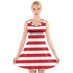 Horizontal Stripes - White and Fire Engine Red V-Neck Sleeveless Dress