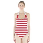 Horizontal Stripes - White and Fire Engine Red Women s Halter One Piece Swimsuit