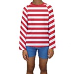 Horizontal Stripes - White and Fire Engine Red Kid s Long Sleeve Swimwear