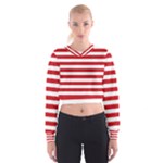 Horizontal Stripes - White and Fire Engine Red Women s Cropped Sweatshirt