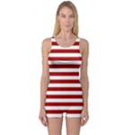 Horizontal Stripes - White and Dark Candy Apple Red One Piece Boyleg Swimsuit