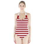 Horizontal Stripes - White and Dark Candy Apple Red Women s Halter One Piece Swimsuit