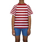 Horizontal Stripes - White and Dark Candy Apple Red Kid s Short Sleeve Swimwear