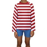 Horizontal Stripes - White and Dark Candy Apple Red Kid s Long Sleeve Swimwear