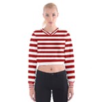 Horizontal Stripes - White and Dark Candy Apple Red Women s Cropped Sweatshirt