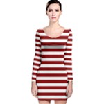 Horizontal Stripes - White and Dark Red Long Sleeve Velvet Bodycon Dress