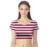 Horizontal Stripes - White and Burgundy Red Short Sleeve Crop Top (Tight Fit)