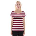 Horizontal Stripes - White and Burgundy Red Women s Cap Sleeve Top