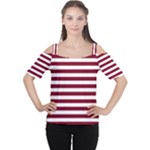 Horizontal Stripes - White and Burgundy Red Women s Cutout Shoulder Tee