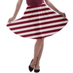 Horizontal Stripes - White and Burgundy Red A-line Skater Skirt