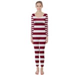 Horizontal Stripes - White and Burgundy Red Long Sleeve Catsuit