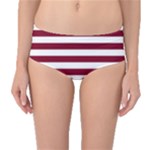 Horizontal Stripes - White and Burgundy Red Mid-Waist Bikini Bottoms