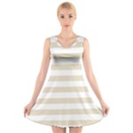 Horizontal Stripes - White and Pearl Brown V-Neck Sleeveless Dress