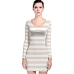 Horizontal Stripes - White and Almond Brown Long Sleeve Velvet Bodycon Dress