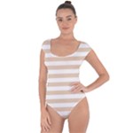 Horizontal Stripes - White and Pastel Brown Short Sleeve Leotard (Ladies)