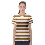 Horizontal Stripes - White and Golden Brown Women s Sport Mesh Tee