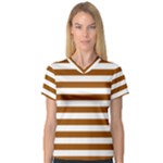 Horizontal Stripes - White and Brown Women s V-Neck Sport Mesh Tee