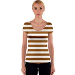 Horizontal Stripes - White and Brown Women s V-Neck Cap Sleeve Top