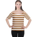 Horizontal Stripes - White and Brown Women s Cutout Shoulder Tee