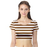 Horizontal Stripes - White and Chocolate Brown Short Sleeve Crop Top (Tight Fit)