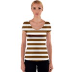 Horizontal Stripes - White and Chocolate Brown Women s V-Neck Cap Sleeve Top