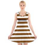 Horizontal Stripes - White and Chocolate Brown V-Neck Sleeveless Dress