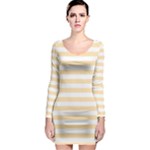 Horizontal Stripes - White and Peach Orange Long Sleeve Bodycon Dress