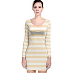 Horizontal Stripes - White and Peach Orange Long Sleeve Velvet Bodycon Dress