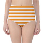 Horizontal Stripes - White and Dark Orange High-Waist Bikini Bottoms