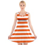 Horizontal Stripes - White and Tangelo Orange V-Neck Sleeveless Dress