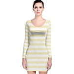 Horizontal Stripes - White and Blond Yellow Long Sleeve Velvet Bodycon Dress