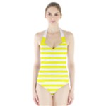 Horizontal Stripes - White and Yellow Women s Halter One Piece Swimsuit