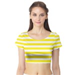 Horizontal Stripes - White and Canary Yellow Short Sleeve Crop Top (Tight Fit)