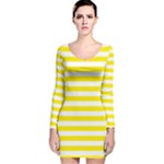 Horizontal Stripes - White and Canary Yellow Long Sleeve Velvet Bodycon Dress