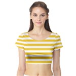 Horizontal Stripes - White and Deep Lemon Yellow Short Sleeve Crop Top (Tight Fit)