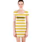 Horizontal Stripes - White and Deep Lemon Yellow Short Sleeve Bodycon Dress