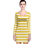 Horizontal Stripes - White and Deep Lemon Yellow Long Sleeve Velvet Bodycon Dress