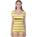 Horizontal Stripes - White and Deep Lemon Yellow Boyleg Leotard (Ladies)