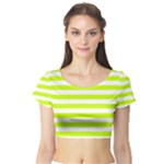 Horizontal Stripes - White and Fluorescent Yellow Short Sleeve Crop Top (Tight Fit)