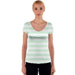 Horizontal Stripes - White and Pastel Green Women s V-Neck Cap Sleeve Top